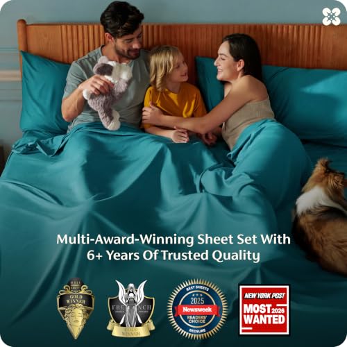 Image of Bedsure California King Sheet Sets, Cooling Sheets, Rayon Derived from Bamboo, PureWoven, Breathable & Soft, Deep Pocket Up to 16 Inches, Hotel Luxury Silky Bedding for Hot Sleepers, Turquoise