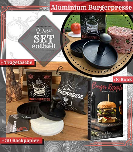 Le Flair® Alu Burgerpresse aus hochwertigem Aluminium - Hamburgerpresse mit Aufbewahrungstasche - Burger Patty Presse inkl. 50 Blatt Backpapier - Perfektes Grillzubehör Geschenk für Männer schwarz 2