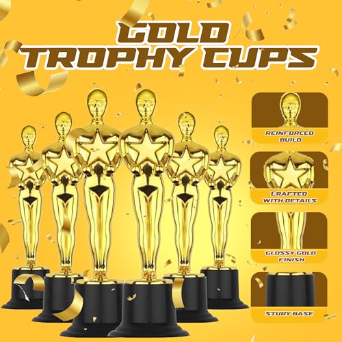bedwina gold trophy award mini trophies bulk - pack of 12 6 inch tall plastic golden statue award party themed decorations winners or appreciation gifts game prizes for adults amp kids