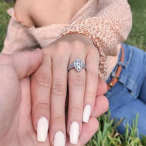 CEJUG 2Ct Teardrop Bridal Rings Sets for Women Halo Pear Cubic Zirconia Solitaire Promise Engagement Rings 18K Gold Plated 6-102