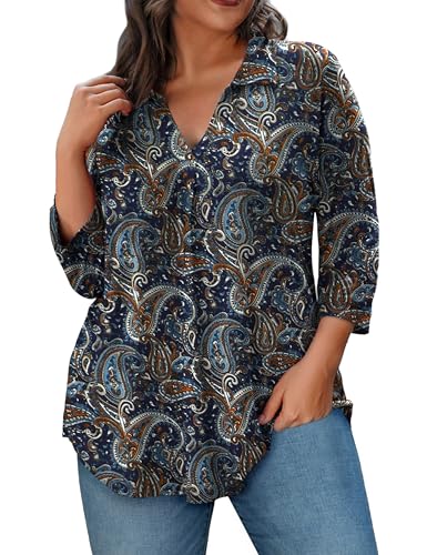 REDHOTYPE Womens Plus size Tops 3/4 Sleeve Shirts Collared V Neck Blouses Casual Work Tunic Tops
