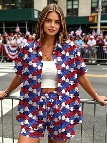 Image of Women 4th of July Outfit 2 Piece Set Short Sleeve Button Down Shirt and Shorts American Flag USA 250th Anniversary