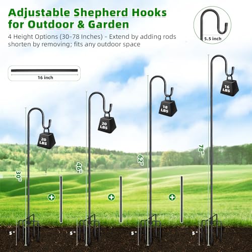 Image of COCONUT 78 inch Heavy Duty Shepherds Hooks for Outdoor, Bird Feeder Pole with 5 Prong Base, Adjustable Height Shepherds Hook for Hummingbird Feeder, Bird Feeder, Plant, Wind Chimes, Lanterns (1 Pack)