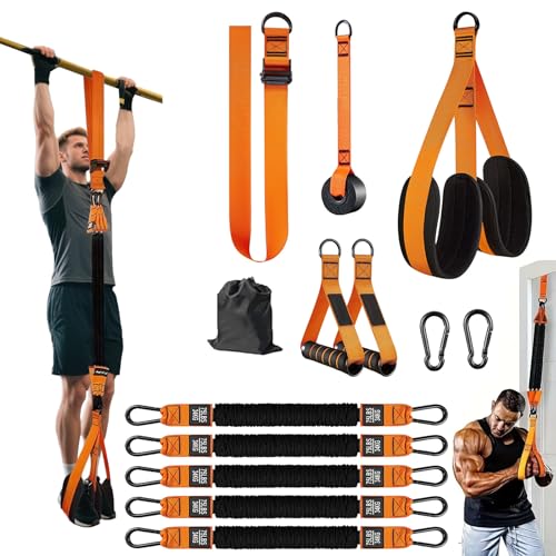 Pull Up Assistance Bands Set of 11 (375lbs)–Extra Heavy Duty Band, Dual Foot Rest, Door Anchor, Handles–Adjustable Resistance Bands for Pull Up Bar, Strength Training, Home Gym Workout (Orange Color)