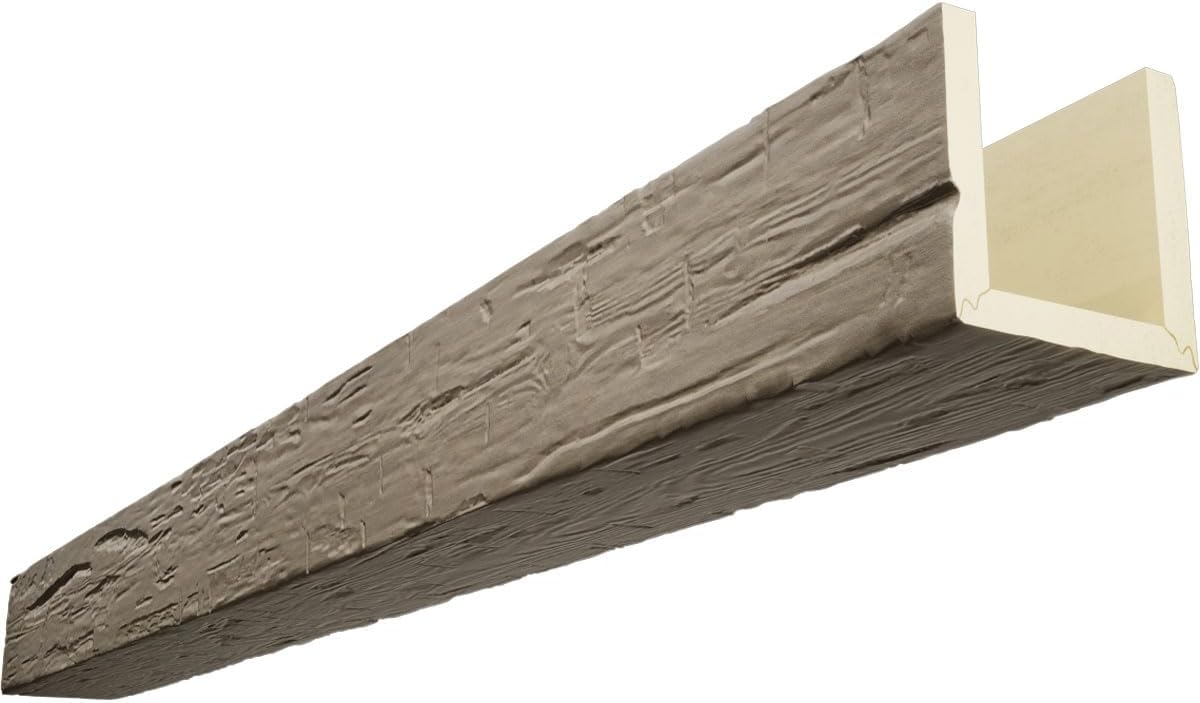 Ekena Millwork 6x4x8 ft Hand Hewn Faux Wood Ceiling Beam - 3-Sided U-Beam Rustic Taupe, Lightweight DIY Install