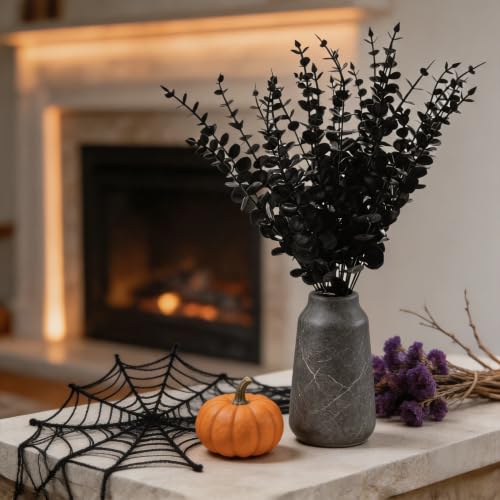 Image of Tinsow 26 PCS Black Faux Eucalyptus Leaves Halloween Artificial Flowers