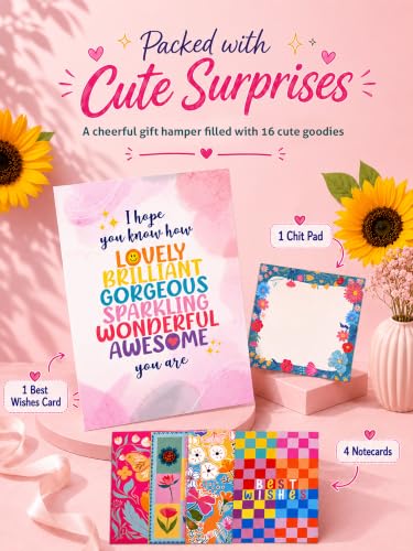 Image of Doodle Magic Moments Gift Hamper for Girls | 16 Cute Goodies with Notebook, Tote Bag, Floral Desk Stand, Stickers, Photo Frame, Scented Candle, Magnets, Key Ring, Pen, Thoughtful Card, Notecards & Chit Pad | Ready-to-Gift Birthday Hamper | Gift Set for Teens, Best Friends & Sisters