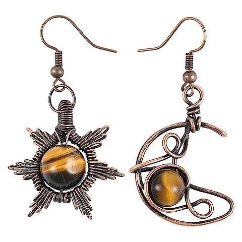 TUMBEELLUWA Gothic Sun and Moon Crystal Earrings for Women Bronze Copper Wire Wrapped Earrings Asymmetrical Drop Dangle Jewelry, Tiger's Eye Stone Cover