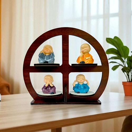 Image of P Arts Buddha Monk Set of 4 Statue Figurines Home Decor Items, Miniature Buddha Monk Statues with Round Wooden Stand, Cute Mini Idol for Car Dashboard, Living Room, Meditation Spaces Room Decor