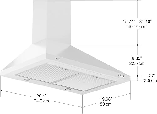 Miniatura 6 de Ancona AN-1184 WPPW430 30" 400 CFM Convertible Montaje en Pared Clásico Estilo Pirámide Campana extractora en Blanco