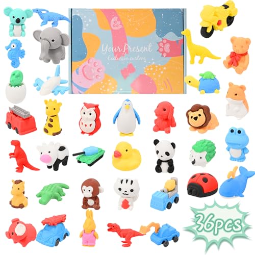 lompyeu Gomas de Borrar, 36 Goma de Borrar de animales 3D, adecuados como pequeños regalos para niños, relleno de calendario de adviento para niños o regalos de fiesta para cumpleaños infantiles para