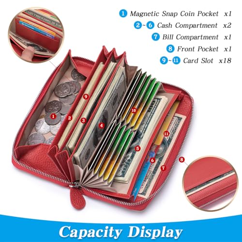 Large Capacity wallets for women RFID Blocking Leather Long Zipper Clutch Wallet with 18 Card Slots & coin Pocket,Red2