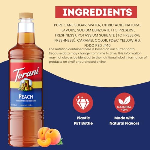 Image of Torani Peach Syrup 1L with Pump Sweet Flavoring for Lemonades, Teas & Drinks