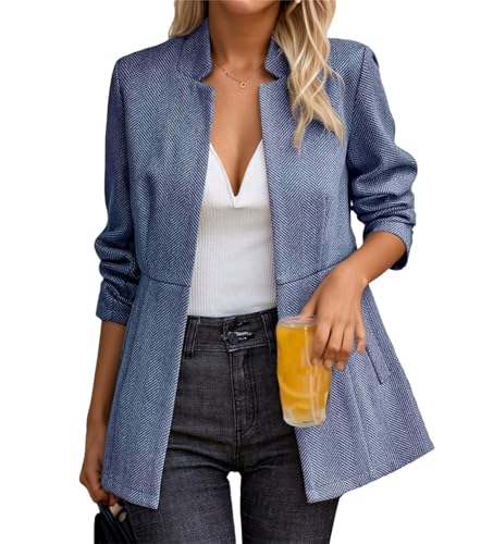 Women's Herringbone Open Front Business Jacket Casual Long Sleeve Notch Lapel Blazer Office Overcoats