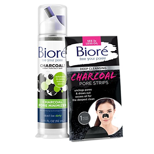 Biore Charcoal Pore Minimizer for Oily Skin (3.11 oz) + One Biore Deep Cleansing Charcoal Pore Strip for Nose
