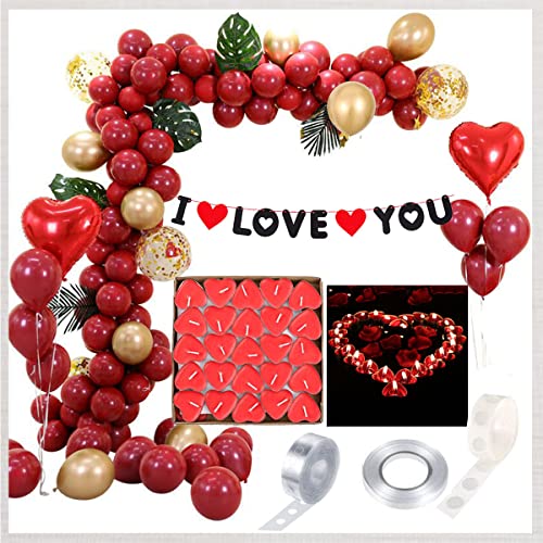 Juego decoraciones fiestas San Valentín, arco globos confeti y oro rojo rústico cromado dorado y confeti, bandera con forma corazón, globo y velas, hojas artificiales Cover