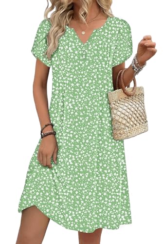 Zeagoo Women's Casual Dresses with Pockets Summer Floral V-Neck A-Line Tshirt Dress Short Sleeve Mini Dress Beach Sundress Light Green
