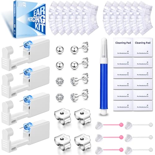 TKKUY 40Pcs Self Ear Piercing Kit Disposable Piercing Gun with Preloaded CZ Studs, Butterfly Back Earrings, Plastic Earring Studs, Cleaning Pads Safe at Home Piercing Kit for Women Men Silver