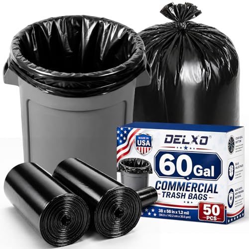 Delxo 55-60 Gallon Trash Bags 1.2 Mil Heavy Duty Black Garbage Bags 38 x 56 Commercial Large Plastic Trash Bags Trash Can Liners for Commercial Foodservice Events & Home Made in USA 50 Count