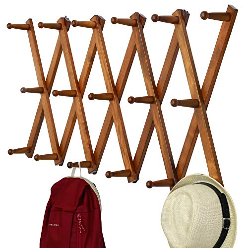 WEBI Accordian Wall Hanger,Expandable Wooden Coat Rack,Hat Rack for Wall,Accordion Wall Rack for Hats,Caps,Coffee Mugs,17 Peg Hooks,Rustic Brown