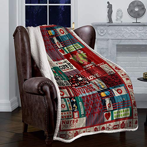 Vintage Nurse Patchwork Pattern Sherpa Flannel Throw Blankets Thick Reversible Plush Fleece Blanket For Bed Couch Sofa Decor Healthcare,Ultra Soft Comfy Warm Fuzzy Tv Blanket #TOP2