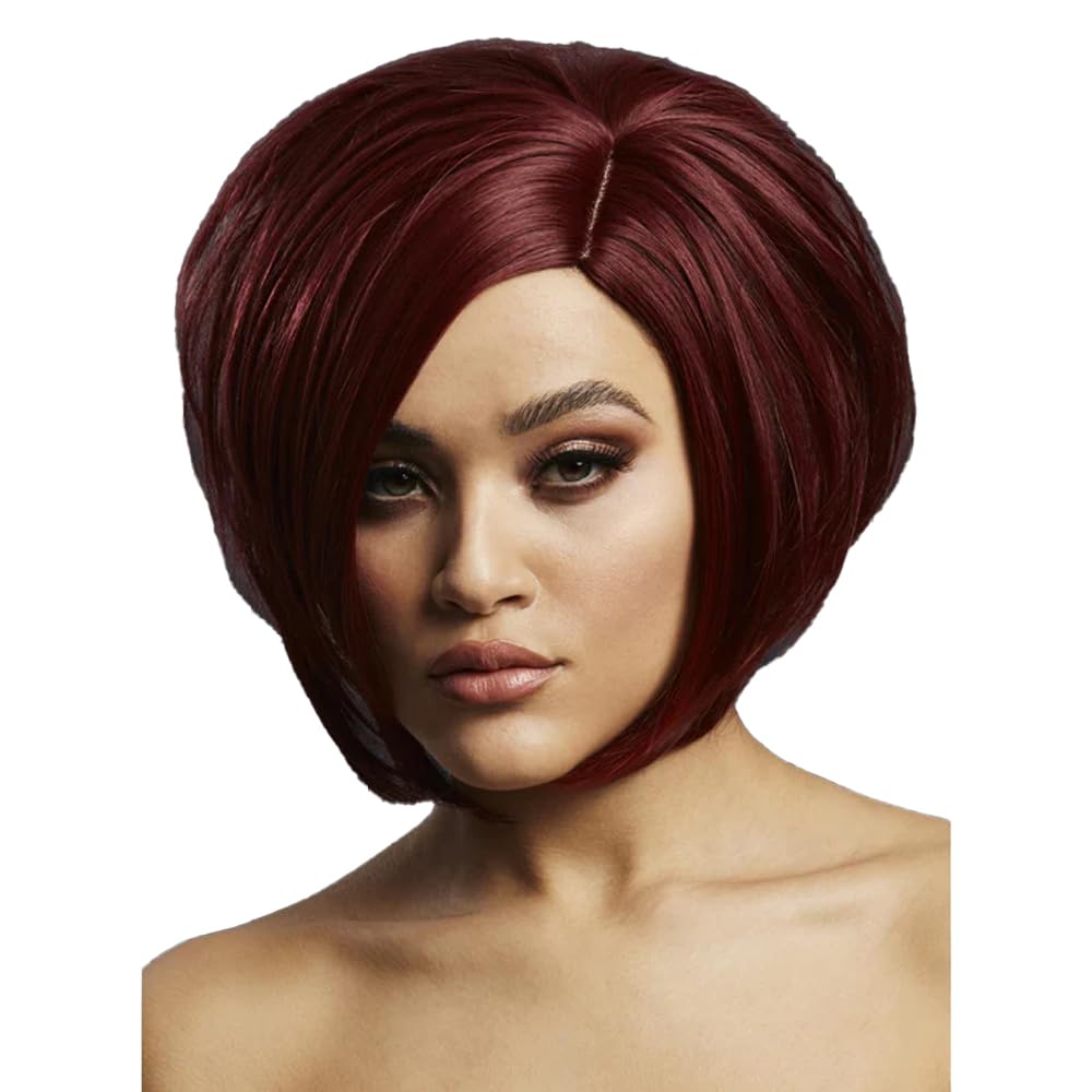 Smiffys Fever Savanna Wig, True Blend, Deep Red Asymmetric Bob, Side Parting, 30cm/ 12in, Fever Wigs Fancy Dress, Fever Dress Up Wigs