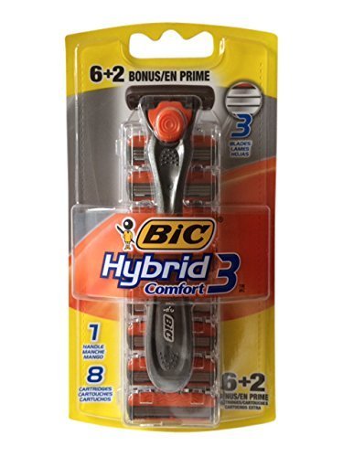 BIC Hybrid 3 Comfort Disposable Men's Razor, 3 Blades, Silver/Orange, 8 PK Bonus Pack (8)