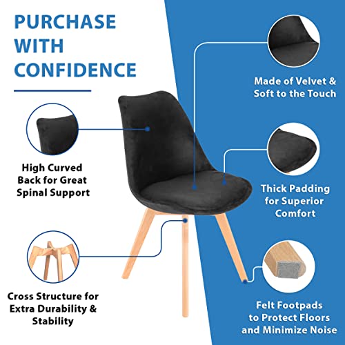 Lifetime Home Mid-Century Velvet Modern Lounge Chair Set Of 2 - High Back Rest, Soft Seat & Solid Wood Legs - Dining, Living Room, Kitchen - Dsw Shell Tulip Chair - Black #TOP1