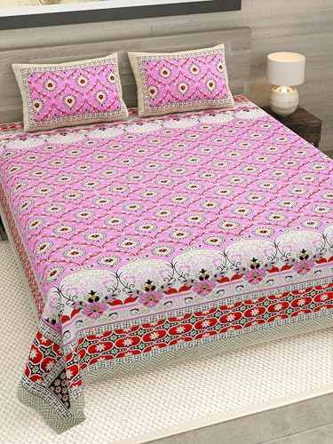 Image of RajasthaniKart Pure Cotton 180 TC King Size BEDSHEET with 2 Pillow Cover - 90X108 (Suitable for King Size Bed Sheet or Double Bed, Pink) PSP 140