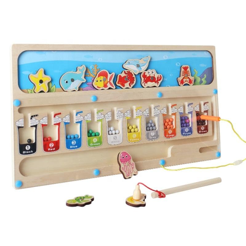 Image of Wooden Magnetic Fishing Toy for Kids, Montessori Ocean Theme Color Matching and Counting Board, Educational Learning Game with Fishing Rod.