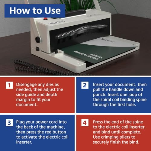 TruBind Coil Binding Machine with Electric Coil Inserter and Adjustable Side Margin | 20 Sheet Punch Capacity | Bind up to 440 Sheets | 46 Fully Disengageable Dies | 4:1 Pitch | 2-Year Warranty