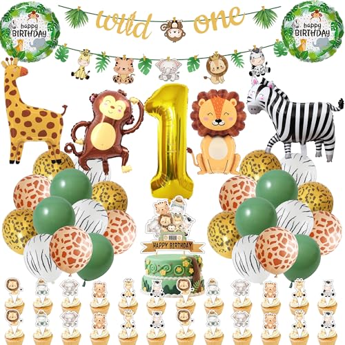 Wild One Birthday Decorations Boys - 57 Pcs Jungle Safari Party Decorations Including Sage Green Banner Number 1 Balloons Monkey and Lion Balloon for First 1st Birthday Party Supplies