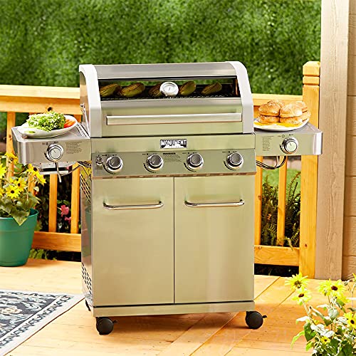 Monument-Grills-Larger-4-Burner-Propane-Gas-Grills-Stainless-Steel-Cabinet-Style-with-Clear-View-Lid-LED-Controls-Built-in-Thermometer-and-Side-Side-Sear-Burners