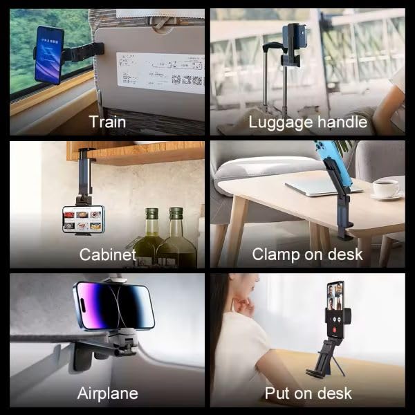 MAKNGRID (978109 360 Travel Flight Car Airplane Multipurpose Phone Camera Holder Mount Stand Pocket Size Essential Accessory Handsfree, Black Streaming Adjustable Phone Tripod Anti-Slip Rotatable