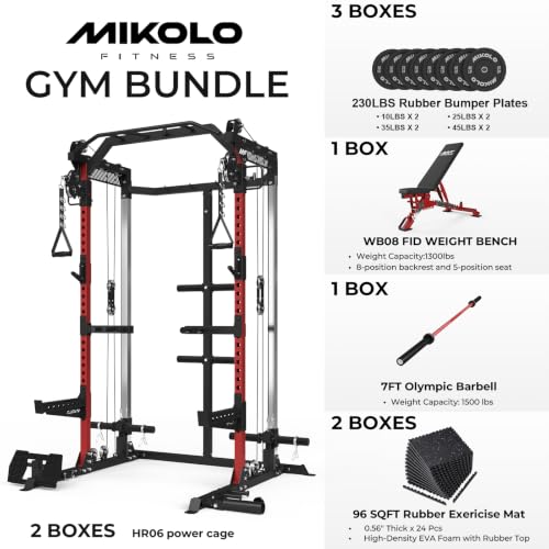 Image of Mikolo HR06 Power Cage with Aluminum Pulleys, 2000LB Power Rack with Independent Dual Pulley System, Multi-Function Home Gym Workout Machine for Cable Crossover
