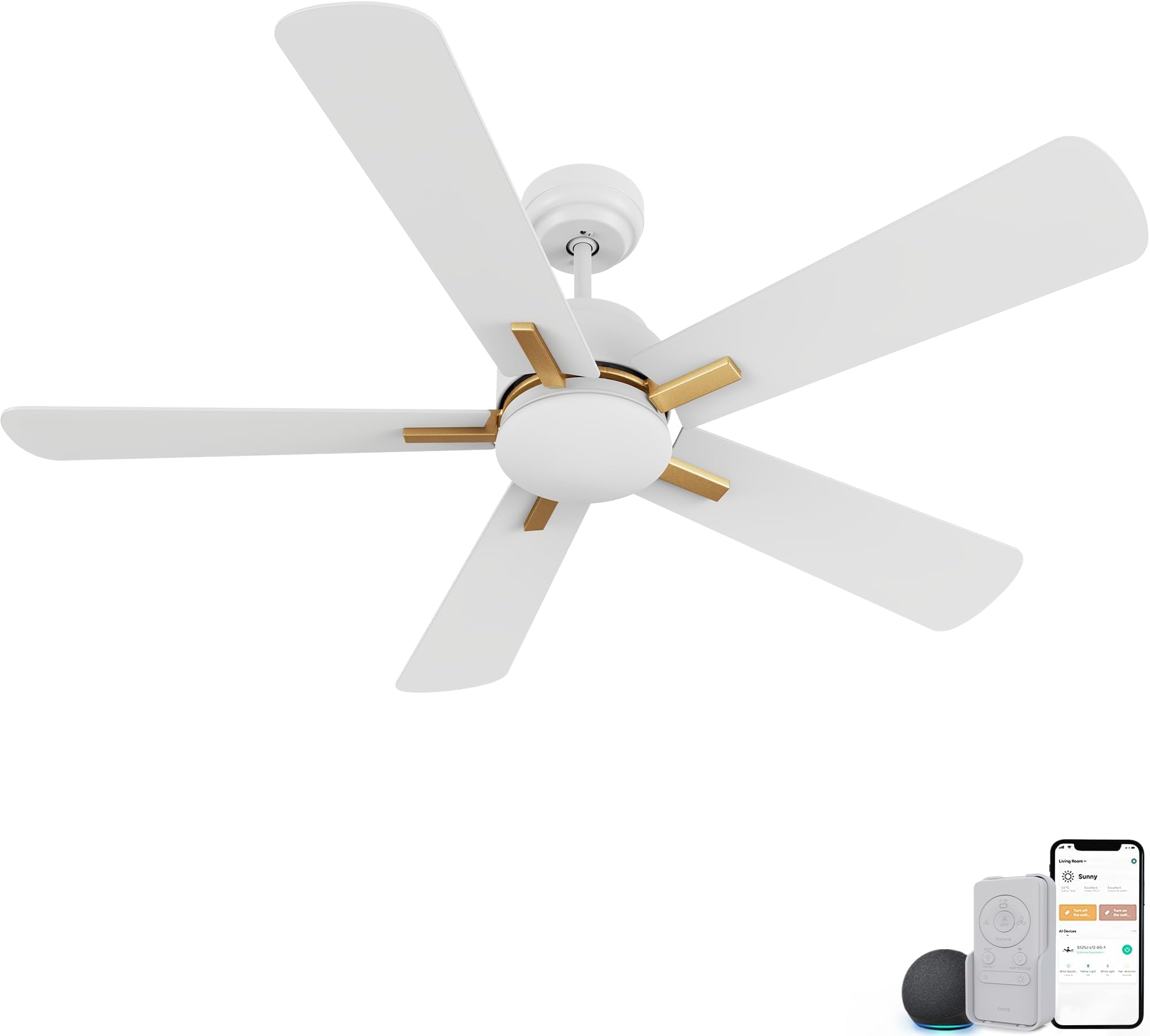 CEME 52โโ Ceiling Fan with Light and Remote, 10 Speeds Reversible Quiet DC Motor Smart Ceiling Fan, 3 Light Colors Dimmable Indoor Outdoor Ceiling Fan Works with Alexa, Siri & Google Home, White Gold