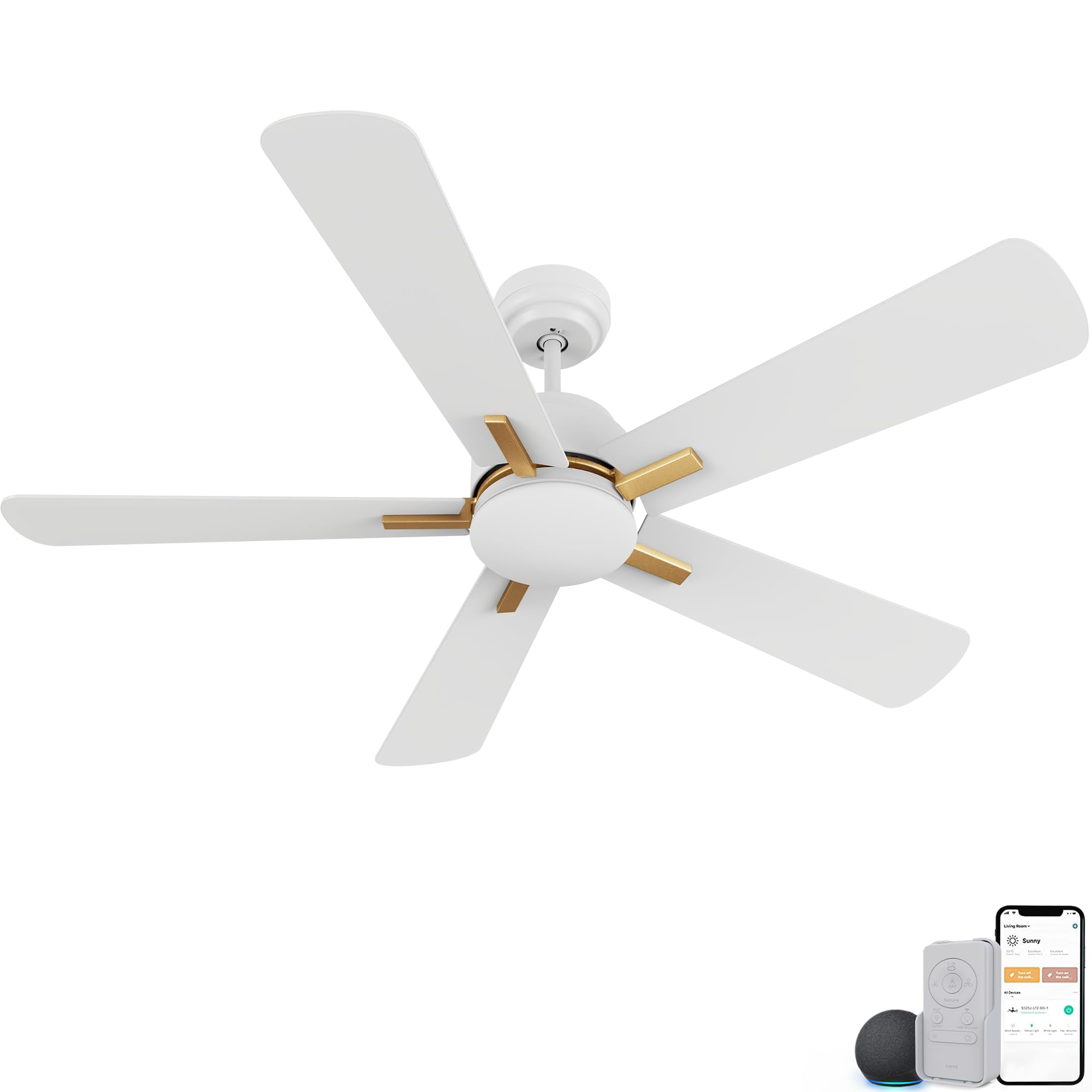 CEME 52’’ Ceiling Fan with Light and Remote, 10 Speeds Reversible Quiet DC Motor Smart Ceiling Fan, 3 Light Colors Dimmable Indoor Outdoor Ceiling Fan Works with Alexa, Siri & Google Home, White Gold