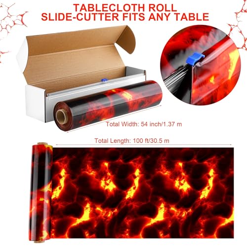 Image of Kochorie Lava Tablecloth Roll with Cutter Box 100 Ft X 54 Inch Frame Volcano Table Cover Disposable Hot Lava Plastic Party Supplies for Volcano Dinosaur Theme Party Halloween Game Decorations