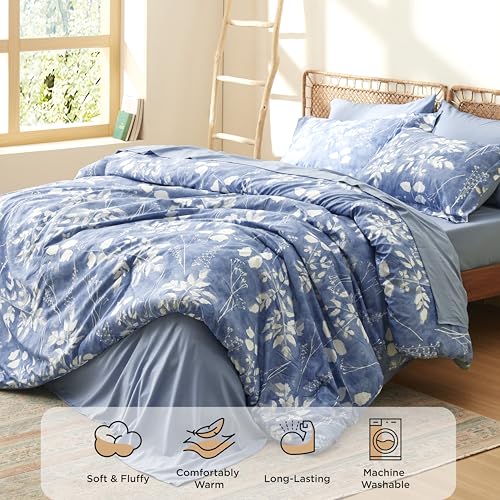 Image of Bedsure Full Size Comforter Set - 7 Pieces Floral Blue Soft Bedding Sets, Full Bed in a Bag with Botanical Flowers Comforter, Sheets, Pillowcases & Shams