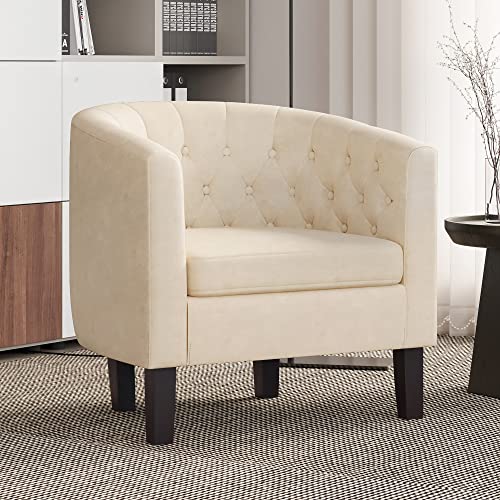 Image of BELLEZE Accent Barrel Arm Chair Set of 2, Modern Comfy Upholstered Tufted Club Chair with Sturdy Legs and Linen Fabric for Bedroom Living Room - White