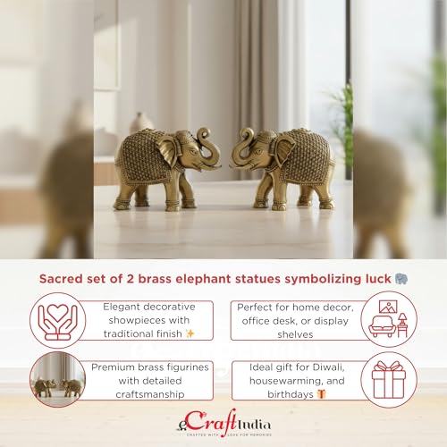 Image of eCraftIndia Set of 2 Brass Elephant Statue Decorative Showpiece Gift for Diwali Housewarming Birthday | Elephant showpiece for Home Decor