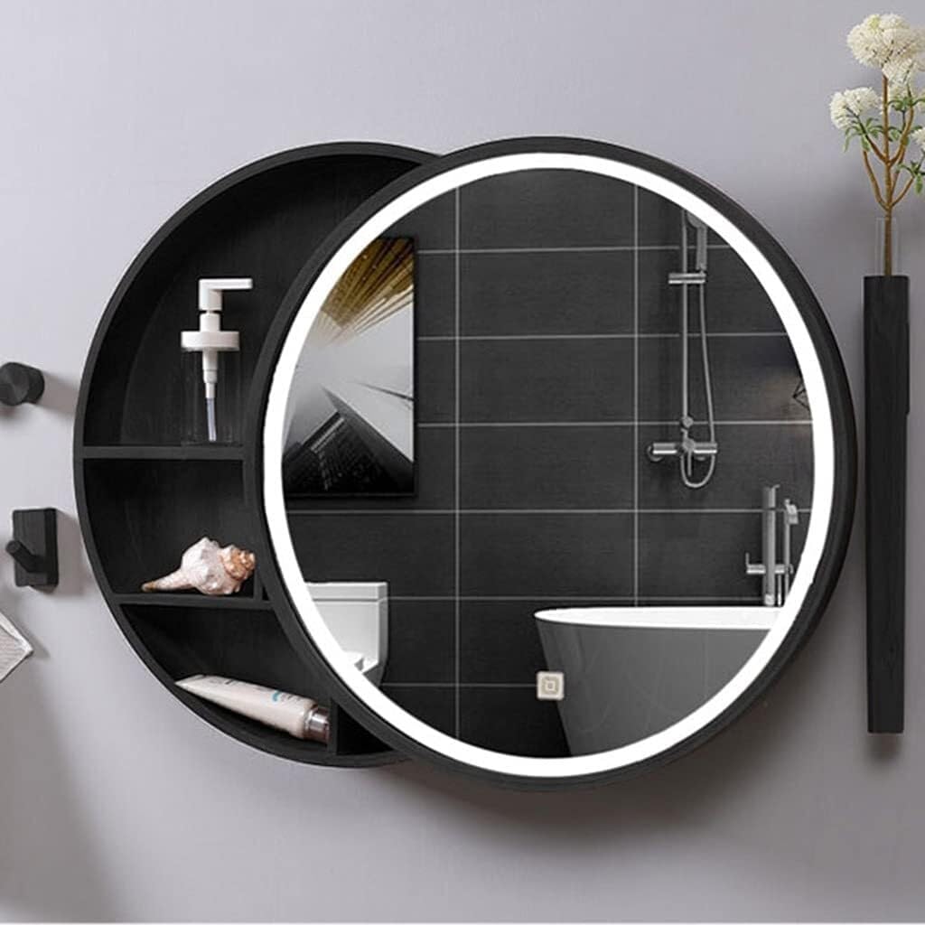 Smart Push-Pull Round Bathroom Mirror Cabinet with LED Light, Wall-Mounted Storage Cabinet, White, 50cm/60cm(Beige,60cm|23.6inches)