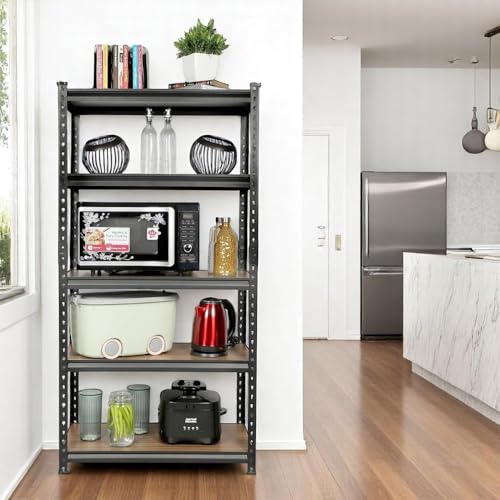 Image of Blue boy 5 Tier - Adjustable Shelving Multipurpose Metal Rack for Storage /Boltless Rack /Display Racks /Garage Shelves /Organizer for Home & Kitchen 60 inch(H) x 36 inch(L) x 12 inch(D) Black- Wooden Shelf