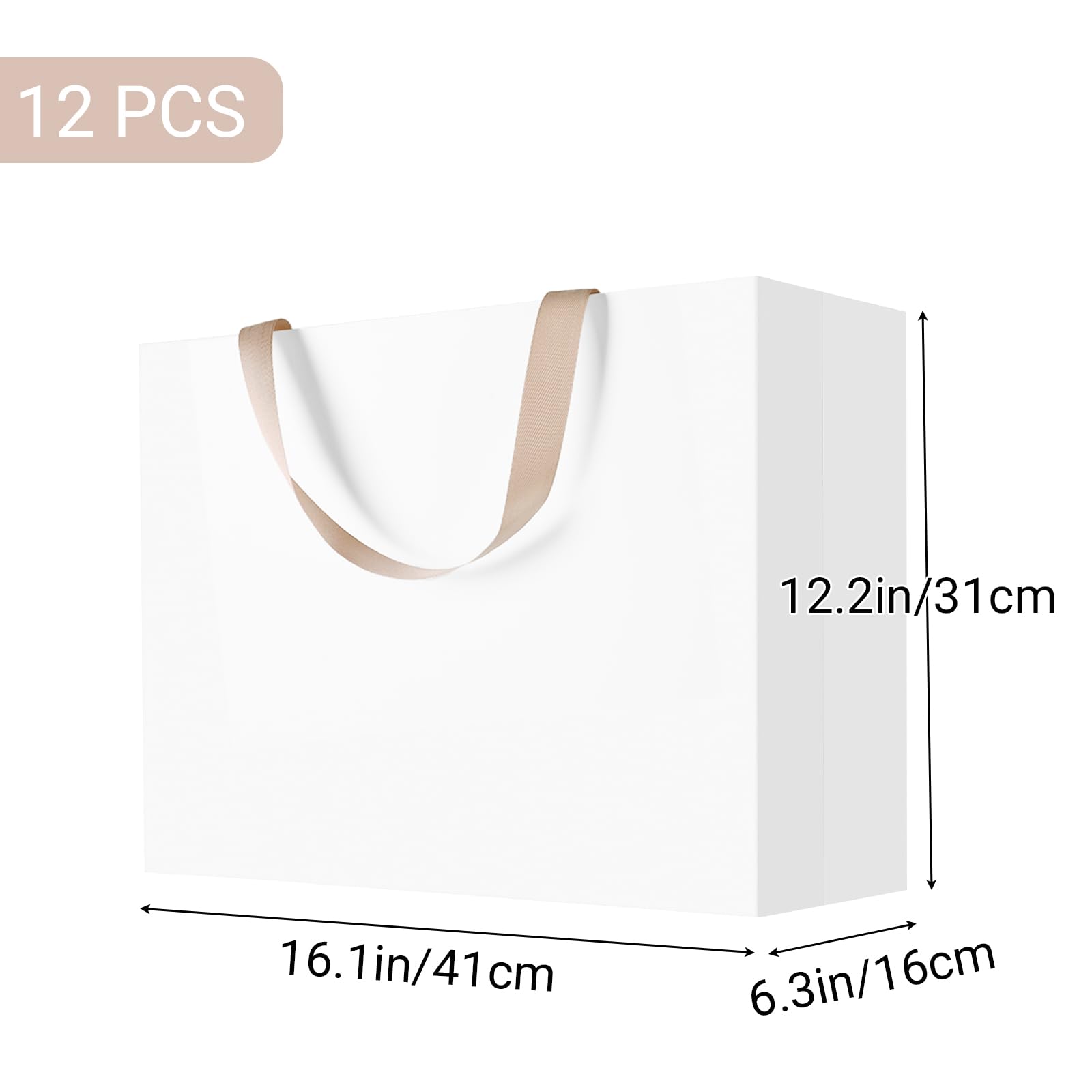 suituts Lot de 12 sacs cadeaux blancs avec poignées en ruban - 40,6 x 15,2 x 30,5 cm - Sacs de courses en papier kraft blanc extra larges pour fête, shopping, anniversaire, mariage