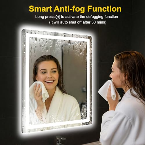 Image of LED Bathroom Mirror with Lights, 30 inchx36 inch Lighted Vanity Mirror for Wall | Anti-Fog, Dimmable 3 Color Light, Backlit+Frontlit, Shatterproof Tempered Glass, Memory Function