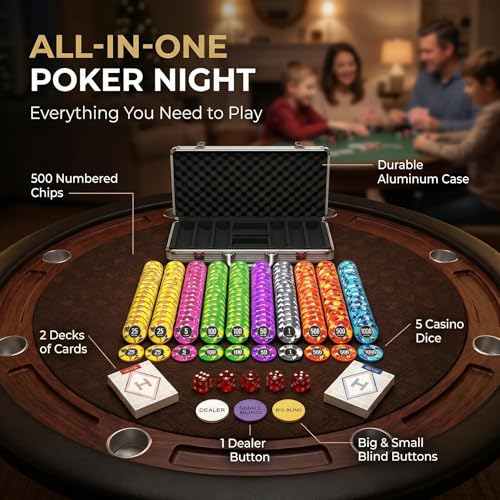 HEITOK 500 Piece Poker Chip Set - 11.5g Heavyweight Numbered Chips with Aluminum Case, Metal Dealer Button, 2 Decks Cards - Professional Casino Grade Texas Holdem Set for Adult Game Night