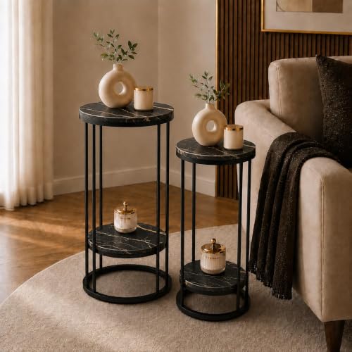 Image of Plant Stand Indoor Outdoor Metal, 2-Tier Modern Plant Shelf, Corner Flower Pot Holder, Plant Stand Table for Living Room Balcony Patio Garden Entryway Set Of 2 (Full Black)