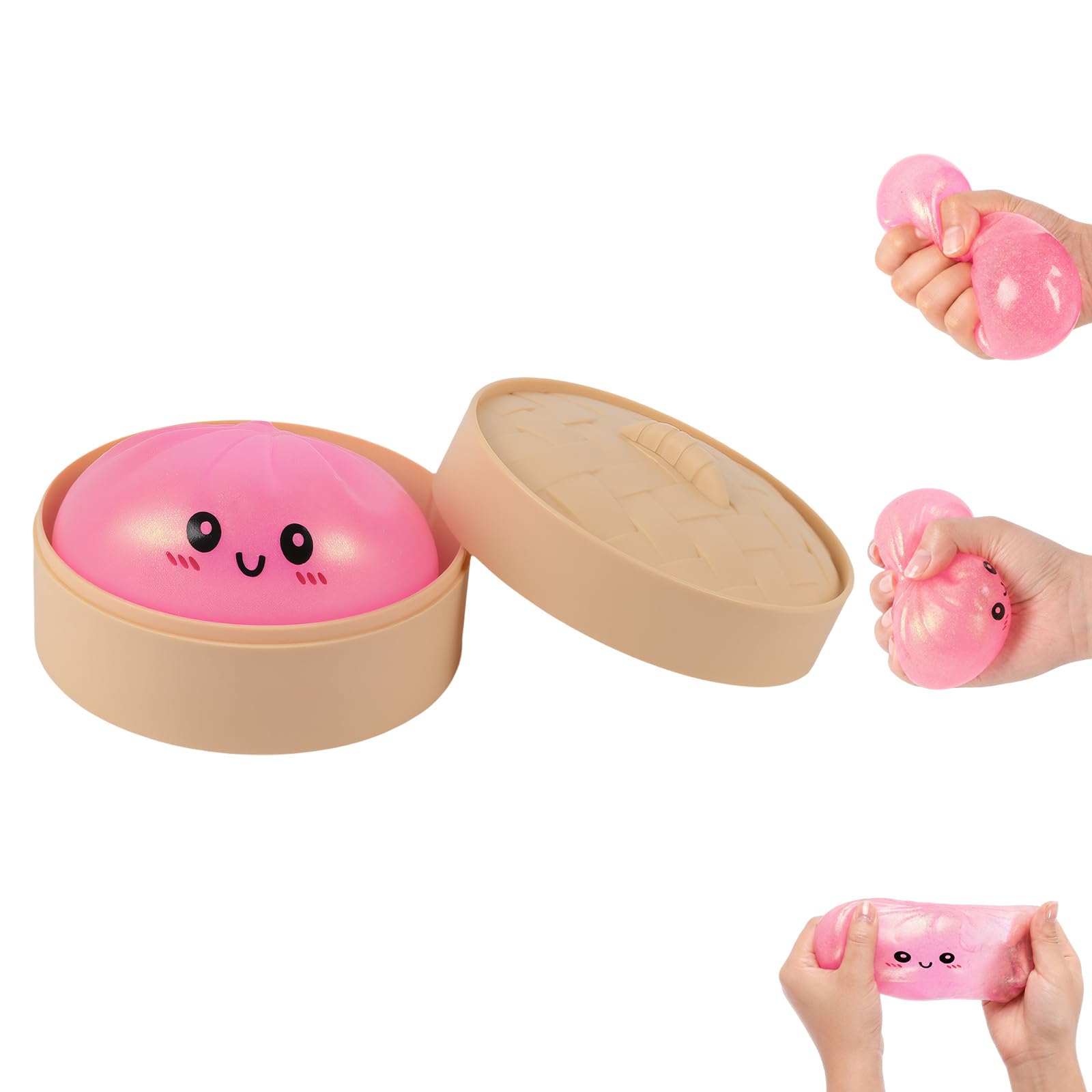 Squishy Glitter Dumpling Toy - 1 PC Bao Bun Squishys with Steamer Box, Squishy Fidget Toys, Squishys Dumpling Toys, Portable Stress Relief Squeezing Toy for Anxiety Stress Relief (Pink）