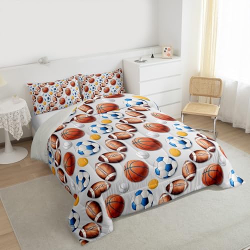 Image of Feelyou Soccer Football Comforter Set Full Size Basketball Baseball Softball Sport Theme Bedding Set for Kids Boys Girls Light Gray Duvet Quilt Bedroom Decor Microfiber 3 Pcs with 2 Pillow Cases