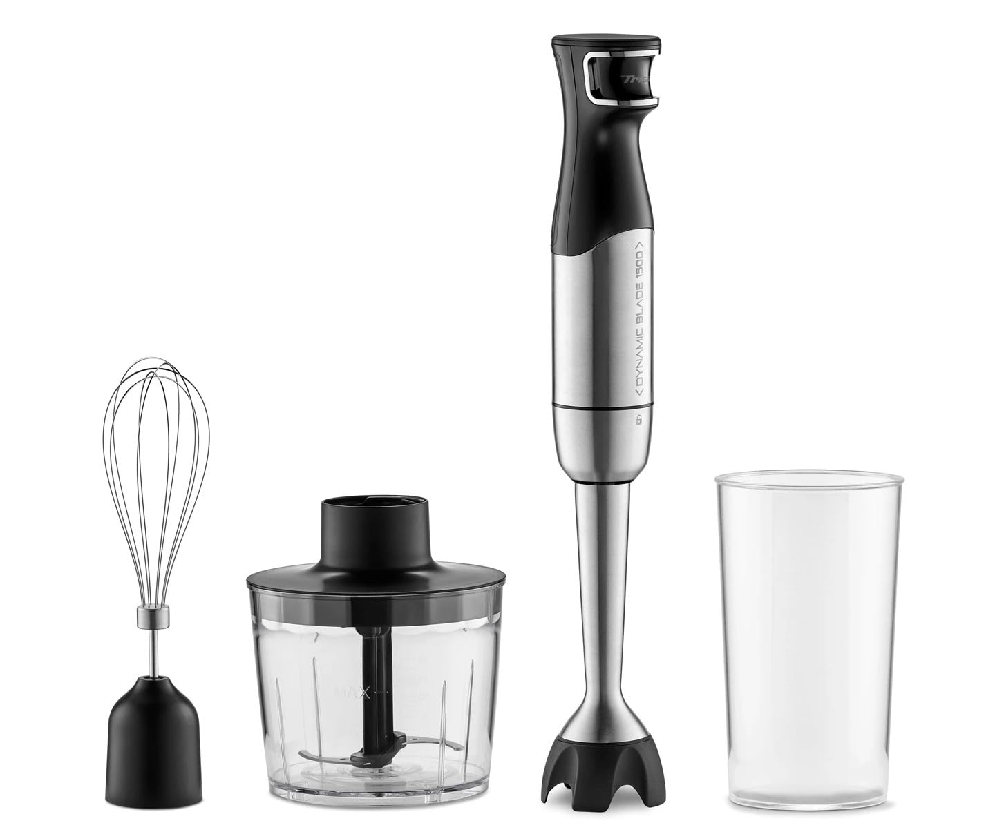 Trisa Batidora de inmersión, 4 en 1 batidora eléctrica, 1500 W, velocidades continuas, acero inoxidable, batidor, trituradora de 500 ml y vaso medidor de 700 ml para alimentos para bebés